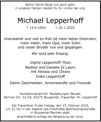 Traueranzeige von Michael Lepperhoff von trauer.wuppertaler-rundschau.de