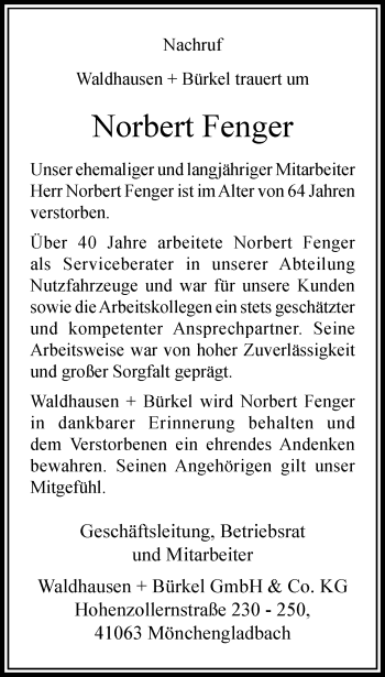 Traueranzeige von Norbert Fenger von trauer.extra-tipp-moenchengladbach.de