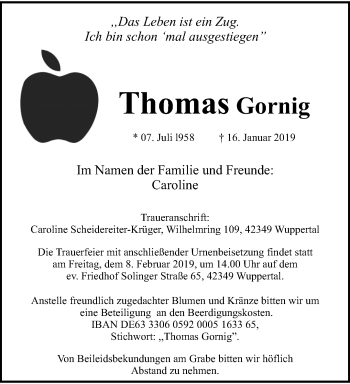 Traueranzeige von Thomas Gornig von trauer.wuppertaler-rundschau.de