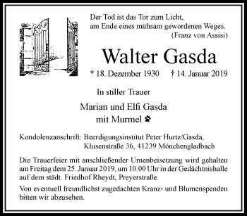 Traueranzeige von Walter Gasda von trauer.extra-tipp-moenchengladbach.de
