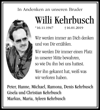 Traueranzeige von Willi Kehrbusch von trauer.mein.krefeld.de