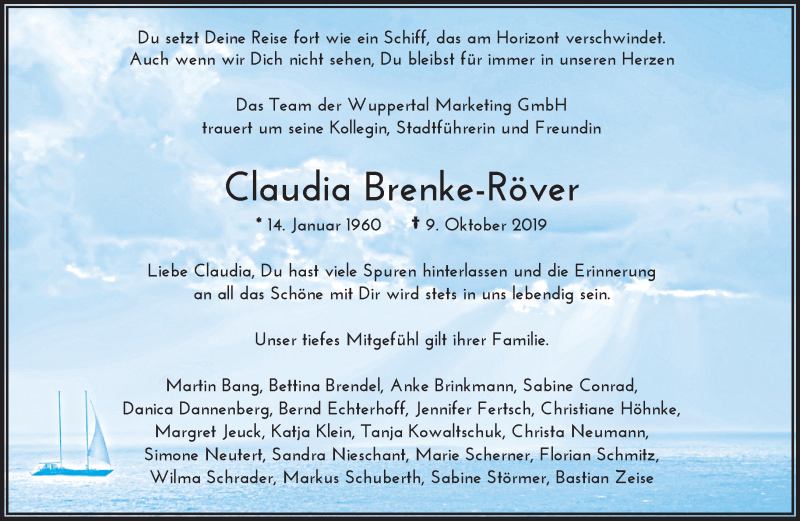 Traueranzeige für Claudia Brenke-Röver vom 19.10.2019 aus trauer.wuppertaler-rundschau.de
