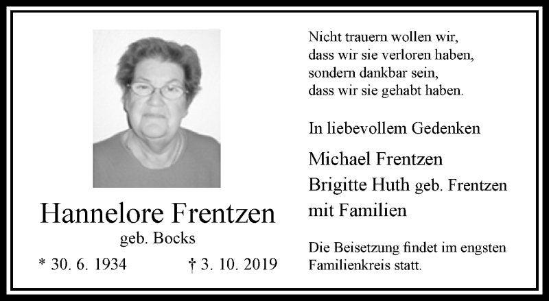  Traueranzeige für Hannelore Frentzen vom 13.10.2019 aus trauer.extra-tipp-moenchengladbach.de
