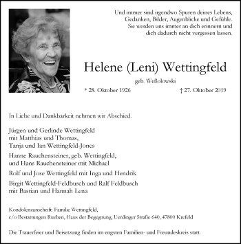 Traueranzeige von Helene Wettingfeld von trauer.mein.krefeld.de