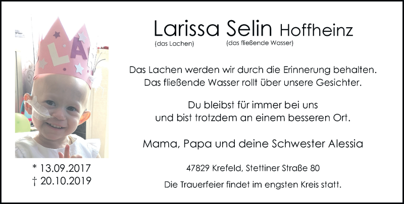  Traueranzeige für Larissa Selin Hoffheinz vom 27.10.2019 aus trauer.mein.krefeld.de