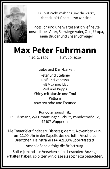 Traueranzeige von Max Peter Fuhrmann von trauer.wuppertaler-rundschau.de