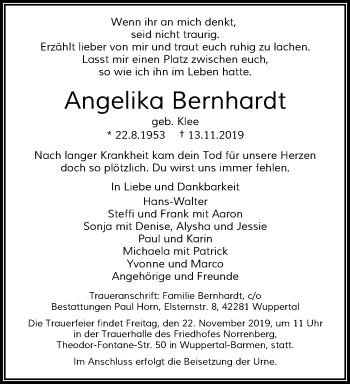 Traueranzeige von Angelika Bernhardt von trauer.wuppertaler-rundschau.de