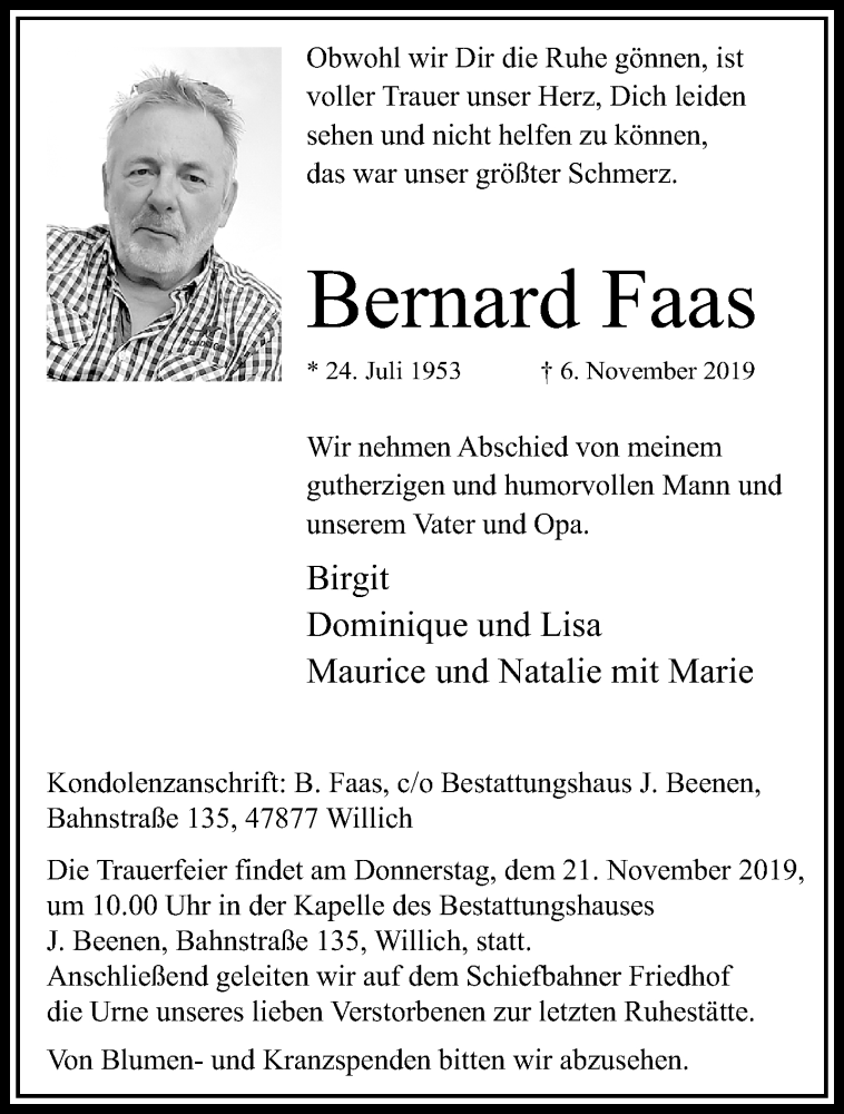  Traueranzeige für Bernard Faas vom 13.11.2019 aus trauer.extra-tipp-moenchengladbach.de