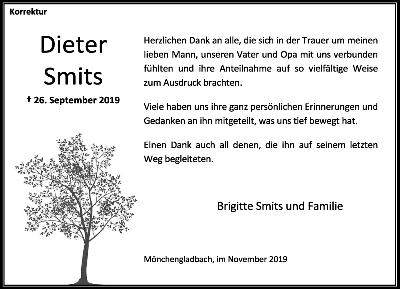  Traueranzeige für Dieter Smits vom 10.11.2019 aus trauer.extra-tipp-moenchengladbach.de
