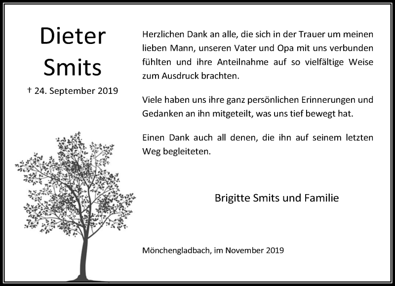  Traueranzeige für Dieter Smits vom 03.11.2019 aus trauer.extra-tipp-moenchengladbach.de