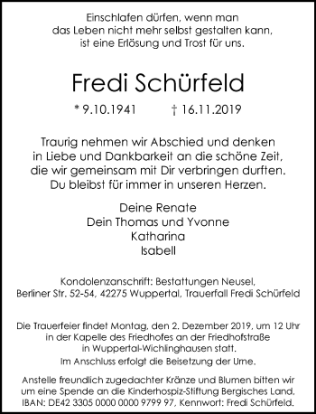 Traueranzeige von Fredi Schürfeld von trauer.wuppertaler-rundschau.de