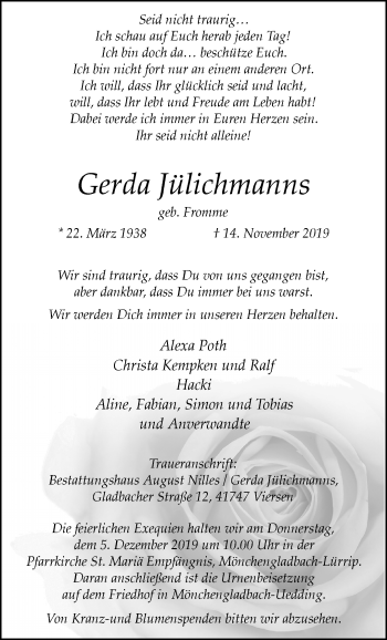 Traueranzeige von Gerda Jülichmanns von trauer.extra-tipp-moenchengladbach.de