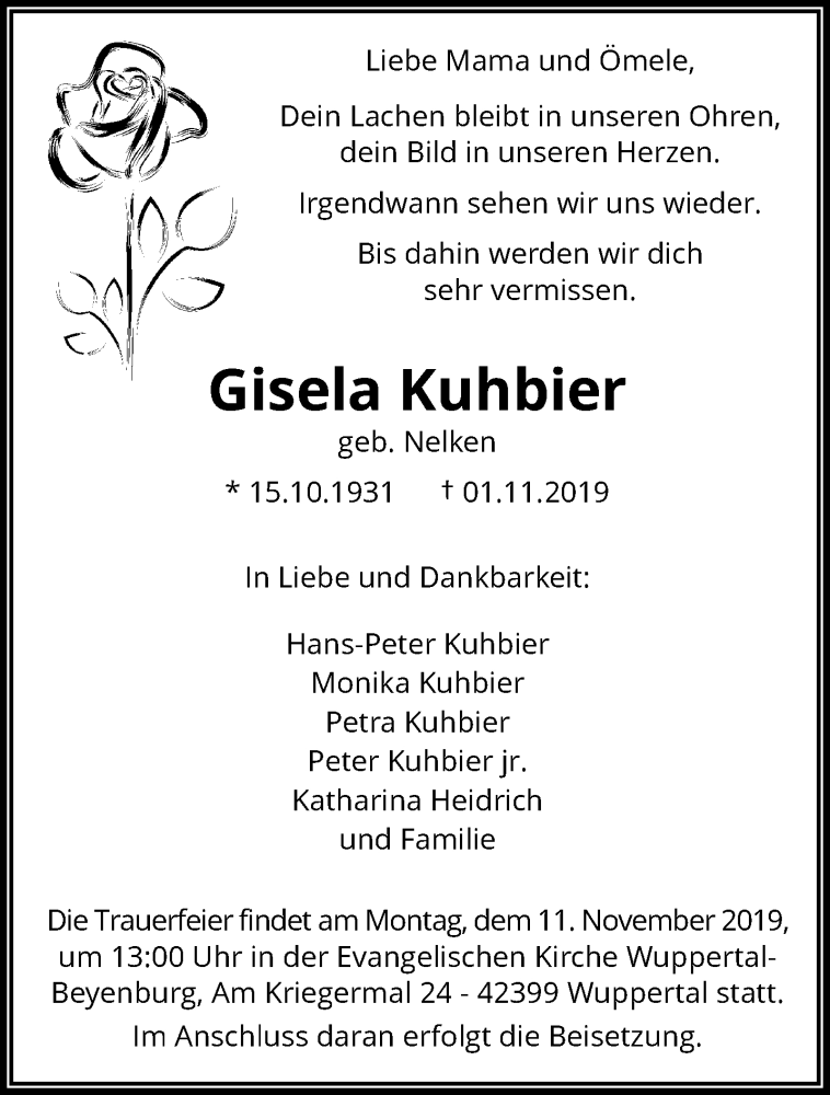  Traueranzeige für Gisela Kuhbier vom 09.11.2019 aus trauer.wuppertaler-rundschau.de