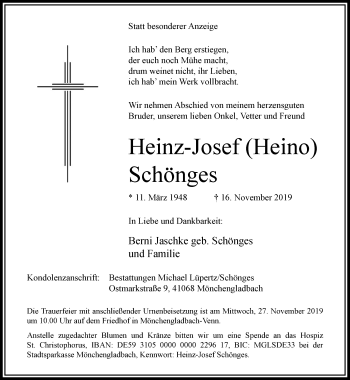 Traueranzeige von Heinz-Josef Schönges von trauer.extra-tipp-moenchengladbach.de