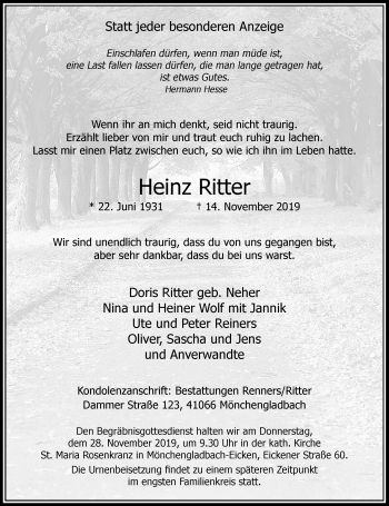 Traueranzeige von Heinz Ritter von trauer.extra-tipp-moenchengladbach.de