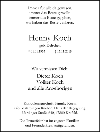 Traueranzeige von Henny Koch von trauer.mein.krefeld.de