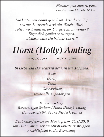 Traueranzeige von Horst  Amling von trauer.extra-tipp-moenchengladbach.de