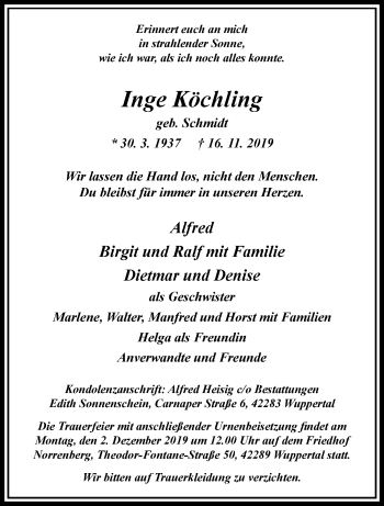 Traueranzeige von Inge Köchling von trauer.wuppertaler-rundschau.de