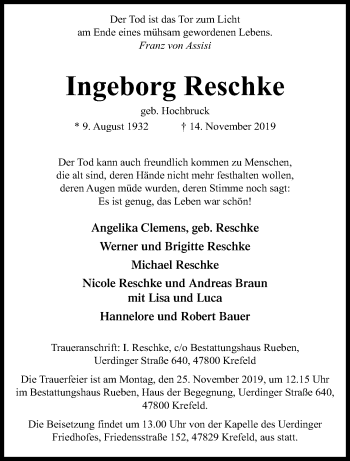Traueranzeige von Ingeborg Reschke von trauer.mein.krefeld.de
