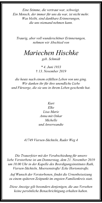 Traueranzeige von Mariechen Hischke von trauer.extra-tipp-moenchengladbach.de
