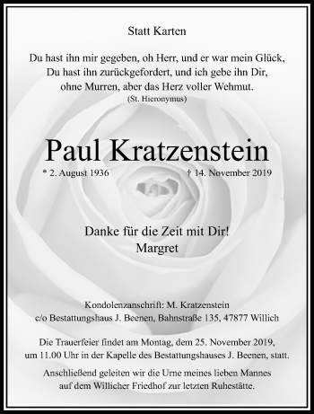 Traueranzeige von Paul Kratzenstein von trauer.extra-tipp-moenchengladbach.de
