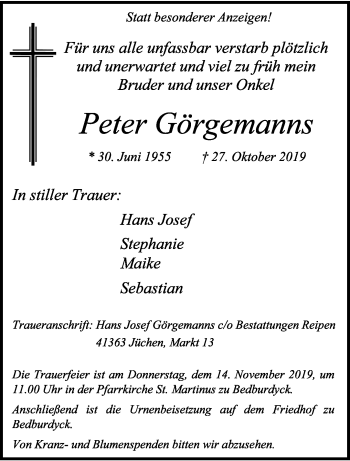 Traueranzeige von Peter Görgemanns von trauer.stadt-kurier.de