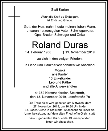 Traueranzeige von Roland Duras von trauer.extra-tipp-moenchengladbach.de