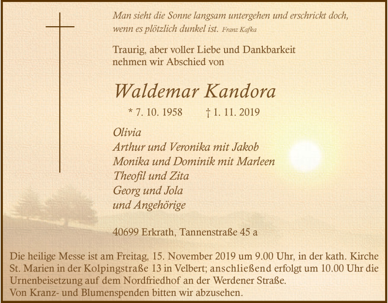  Traueranzeige für Waldemar Kandora vom 13.11.2019 aus trauer.duesseldorfer-anzeiger.de