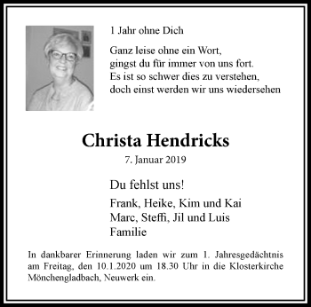 Traueranzeige von Christa Hendricks von trauer.extra-tipp-moenchengladbach.de