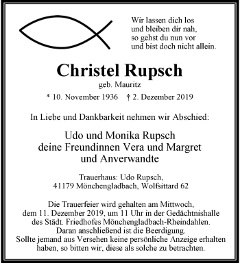 Traueranzeige von Christel Rupsch von trauer.extra-tipp-moenchengladbach.de