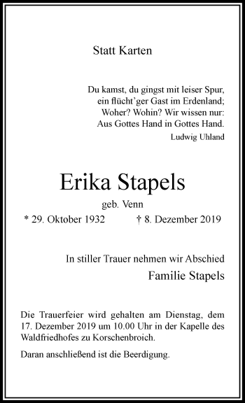 Traueranzeige von Erika Stapels von trauer.extra-tipp-moenchengladbach.de