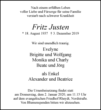 Traueranzeige von Fritz Justen von trauer.extra-tipp-moenchengladbach.de