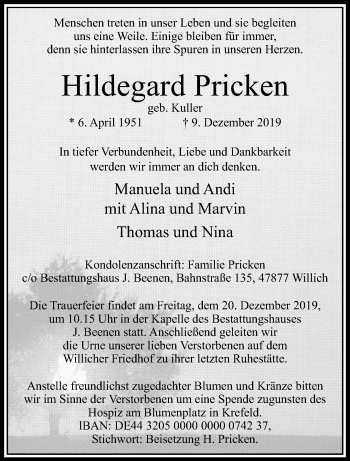 Traueranzeige von Hildegard Pricken von trauer.extra-tipp-moenchengladbach.de