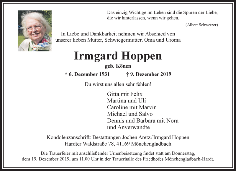  Traueranzeige für Irmgard Hoppen vom 15.12.2019 aus trauer.extra-tipp-moenchengladbach.de