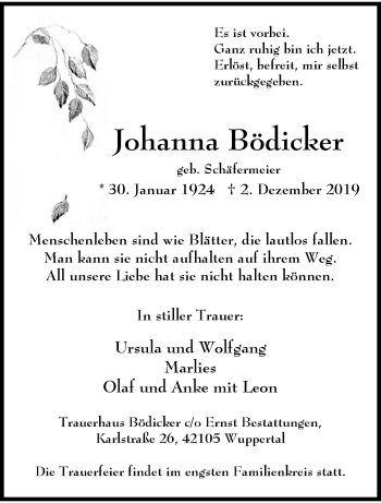 Traueranzeige von Johanna Bödicker von trauer.wuppertaler-rundschau.de