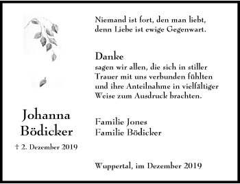 Traueranzeige von Johanna Bödicker von trauer.wuppertaler-rundschau.de
