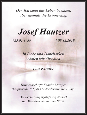 Traueranzeige von Josef Hautzer von trauer.extra-tipp-moenchengladbach.de