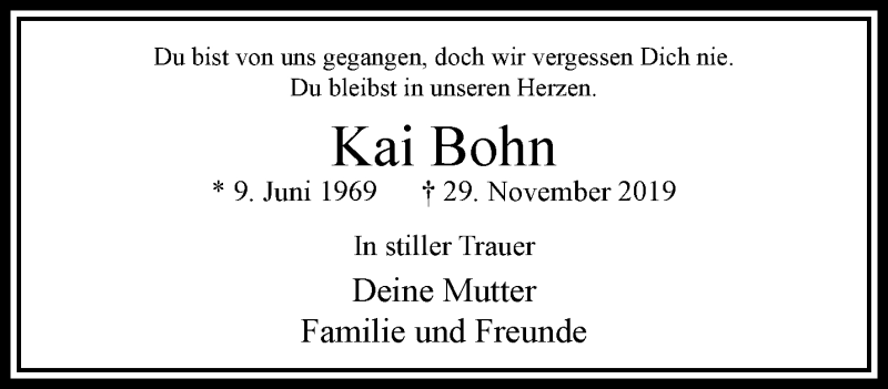  Traueranzeige für Kai Bohn vom 08.12.2019 aus trauer.extra-tipp-moenchengladbach.de