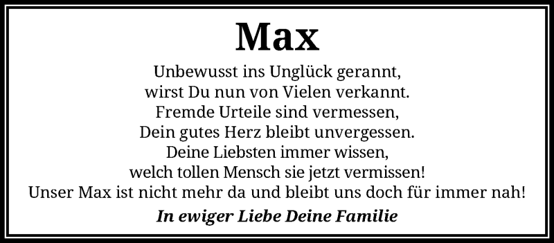  Traueranzeige für Max  vom 14.12.2019 aus trauer.wuppertaler-rundschau.de