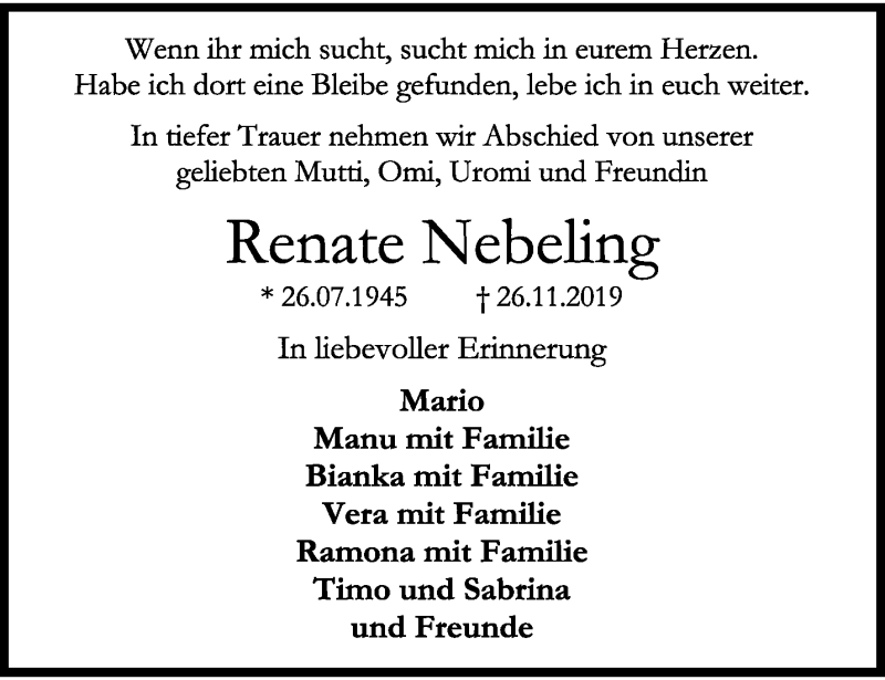  Traueranzeige für Renate Nebeling vom 14.12.2019 aus trauer.wuppertaler-rundschau.de