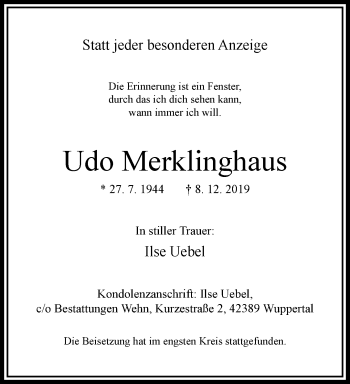 Traueranzeige von Udo Merklinghaus von trauer.wuppertaler-rundschau.de