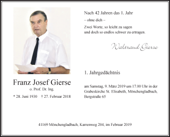 Traueranzeige von Franz Josef Gierse von trauer.extra-tipp-moenchengladbach.de