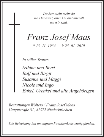 Traueranzeige von Franz Josef Maas von trauer.extra-tipp-moenchengladbach.de