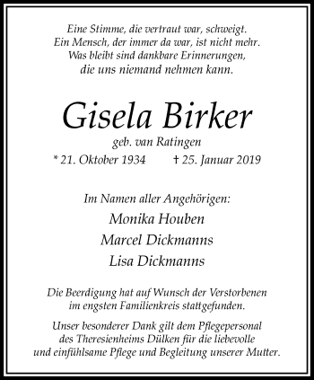 Traueranzeige von Gisela Birker von trauer.extra-tipp-moenchengladbach.de
