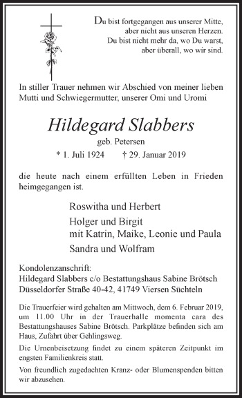 Traueranzeige von Hildegard Slabbers von trauer.extra-tipp-moenchengladbach.de