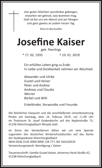Traueranzeige von Josefine Kaiser von trauer.extra-tipp-moenchengladbach.de
