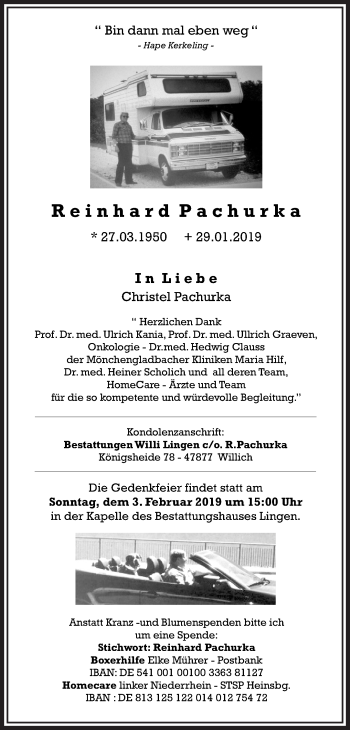 Traueranzeige von Reinhard Pachurka von trauer.extra-tipp-moenchengladbach.de