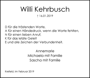 Traueranzeige von Willi Kehrbusch von trauer.mein.krefeld.de