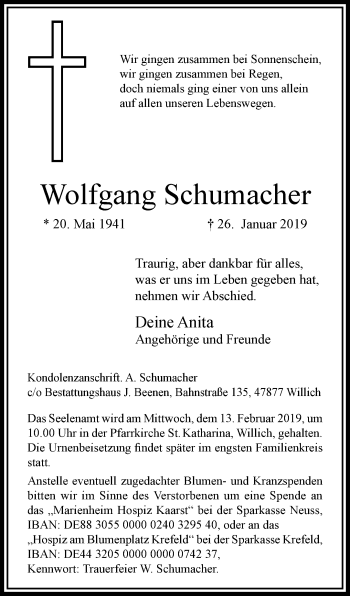Traueranzeige von Wolfgang Schumacher von trauer.extra-tipp-moenchengladbach.de