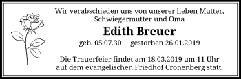 Traueranzeige von Edith Breuer von trauer.wuppertaler-rundschau.de